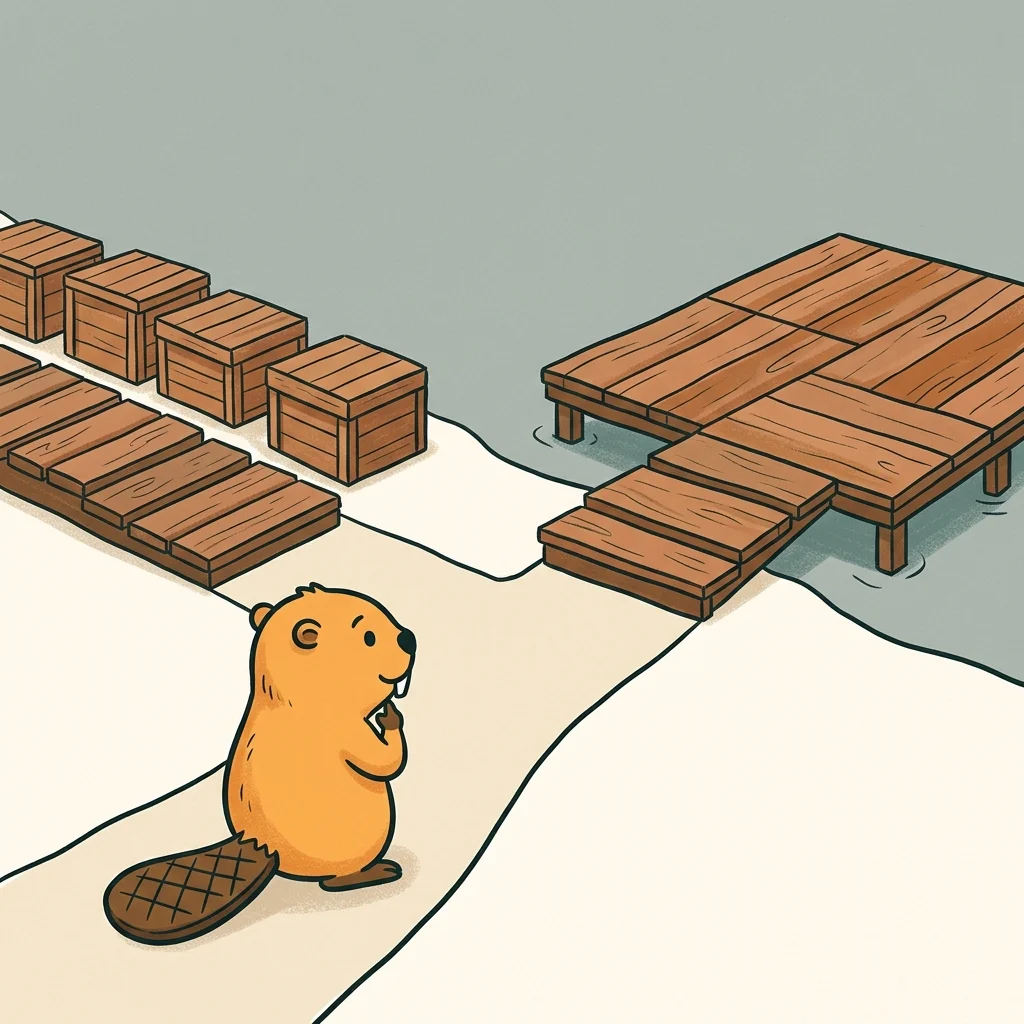 A small mascot beaver looking at two pathways: one partitioned into separate small safety boxes and another leading to a large connected platform over water