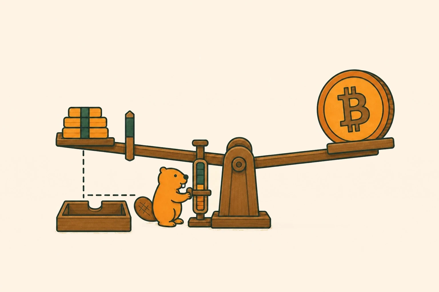 A small collateral stack and a large Bitcoin position balance on a wooden lever beside a liquidation catch basin