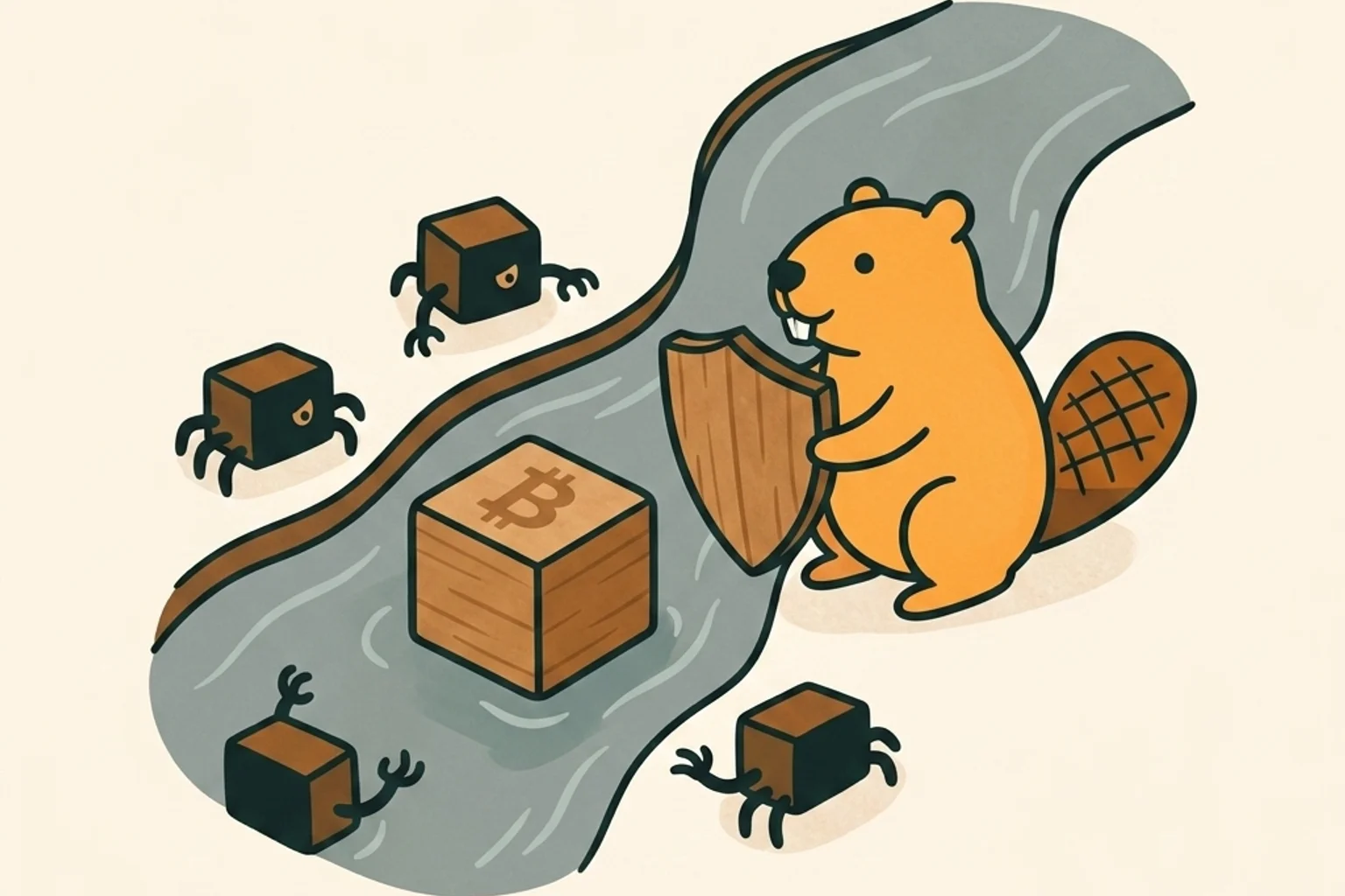 A mascot beaver guide using a protective shield to defend DEX transactions against sandwich searcher bots in a mempool