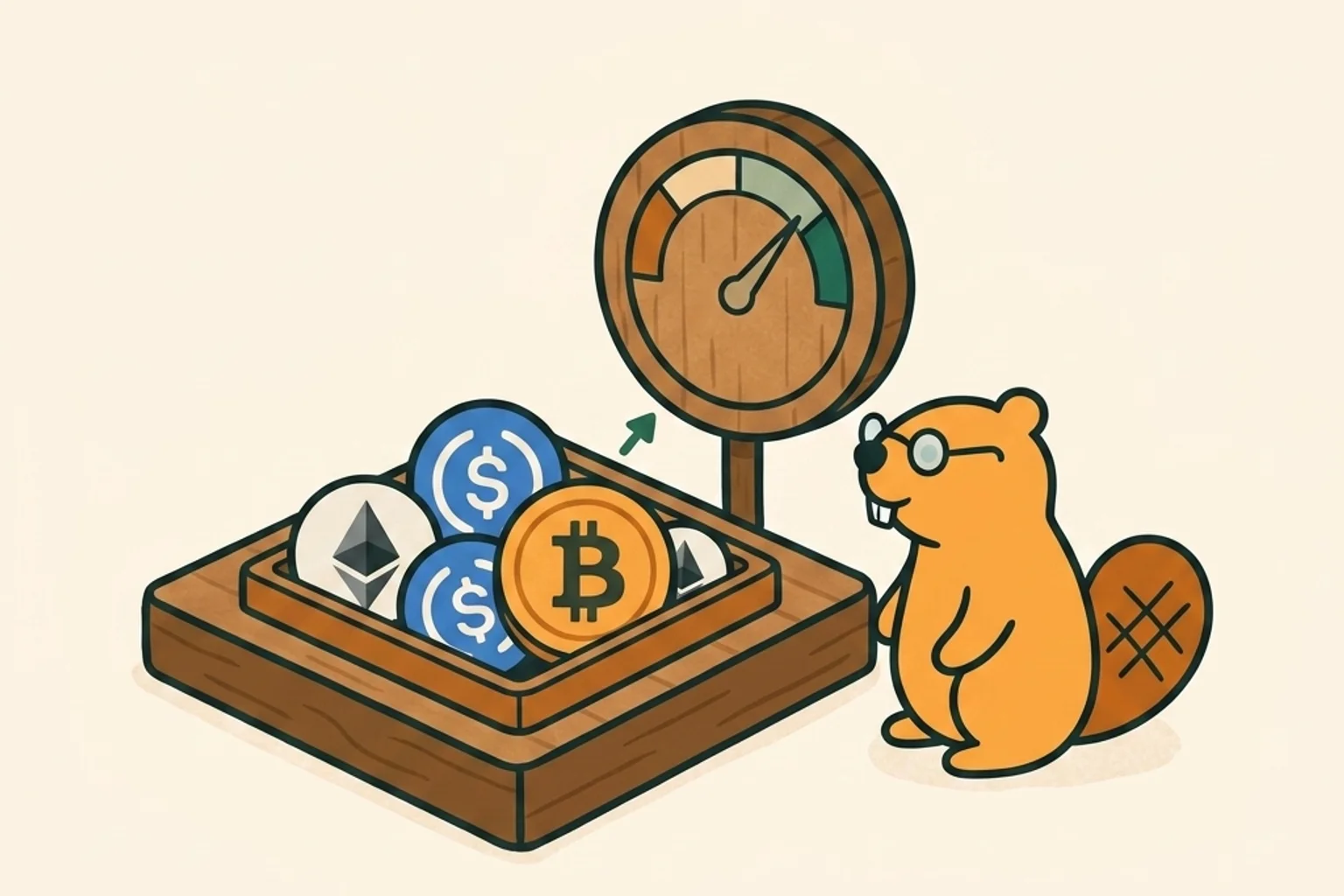 A mascot beaver guide checking an over-collateralized loan Health Factor gauge on a smart contract vault platform