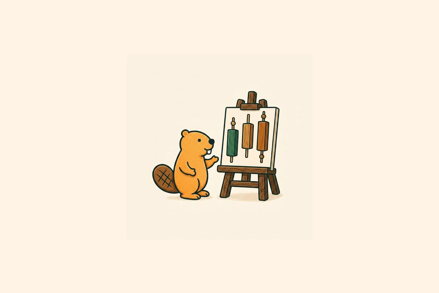 A mascot beaver guide standing beside a wooden easel display holding wooden candlestick pillars with top and bottom wicks