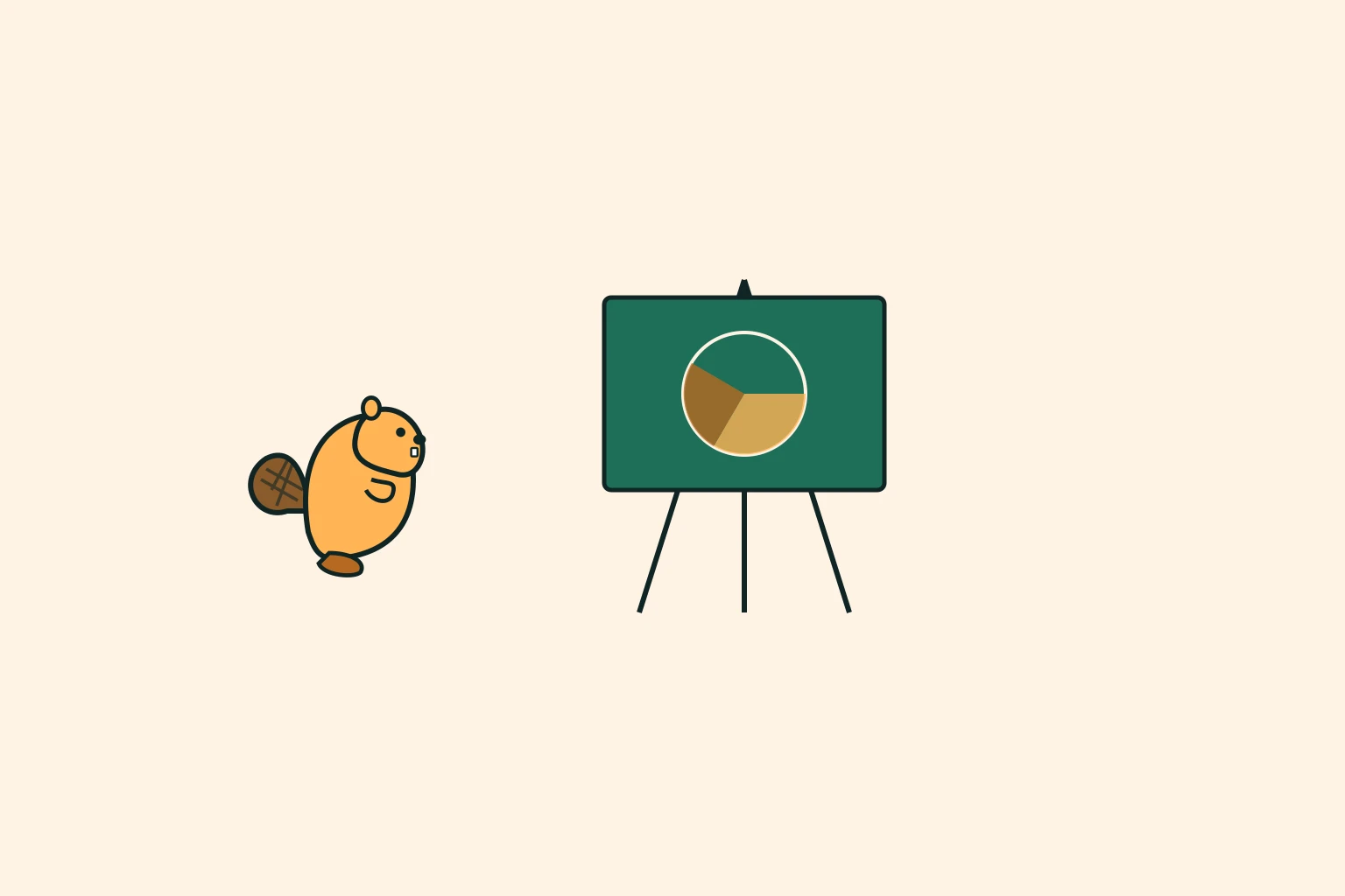 A mascot beaver guide inspecting a token allocation blueprint board on an easel