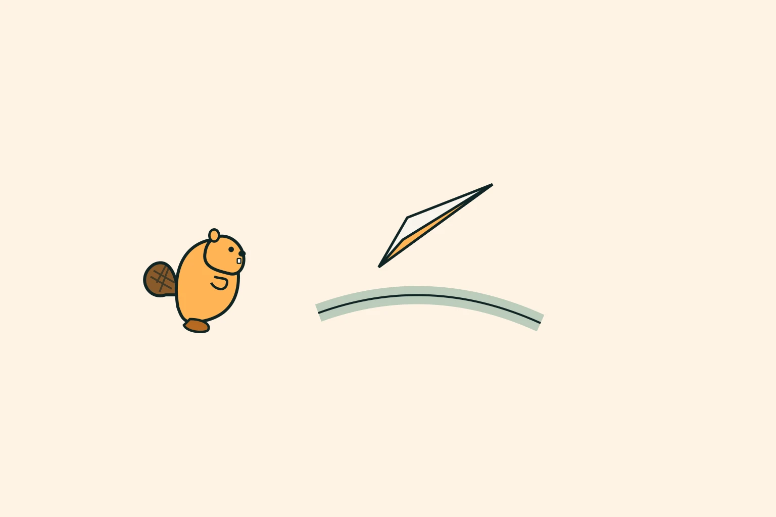 A mascot beaver guide observing a paper-airplane emblem gliding over a network river