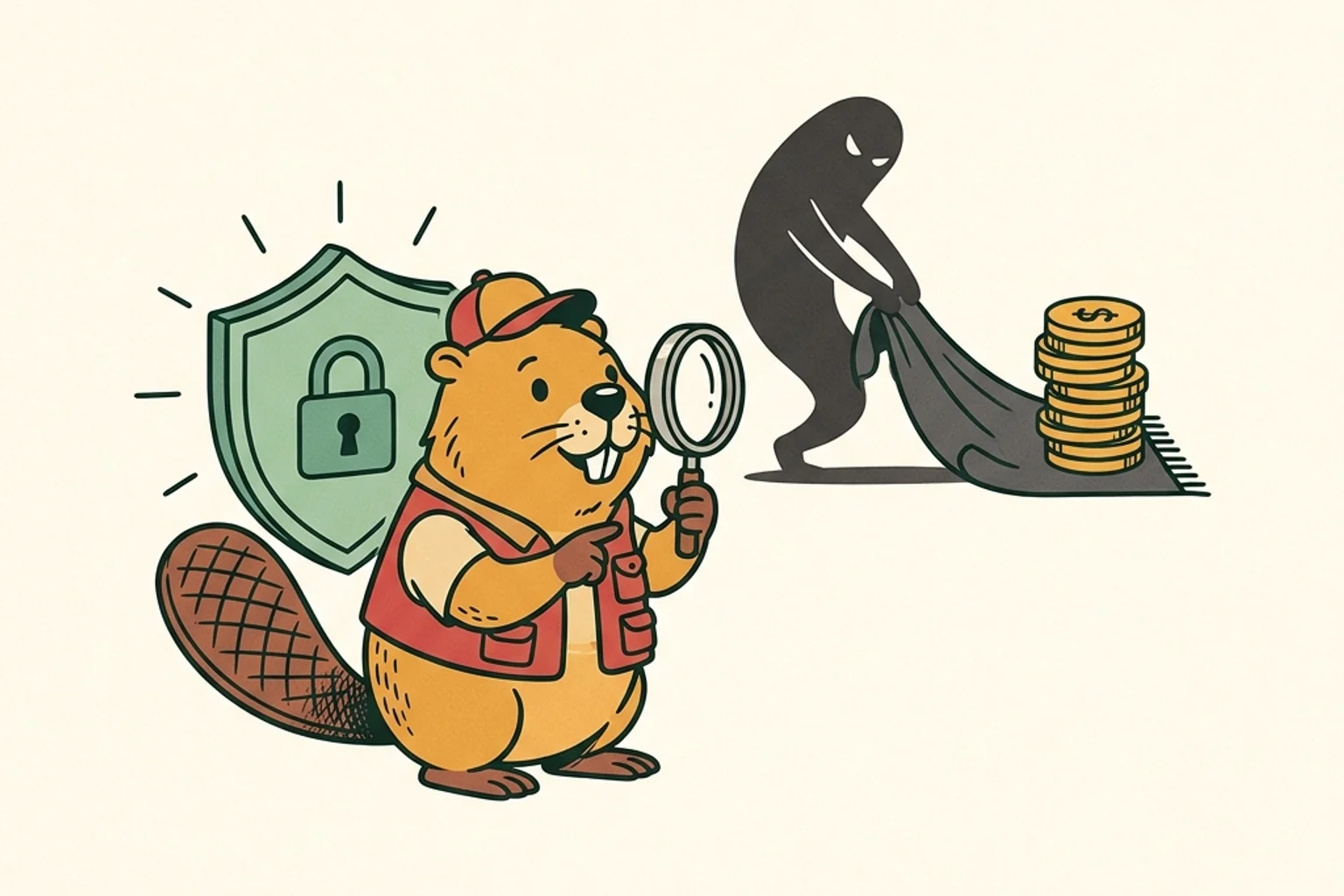 A mascot beaver guide holding a magnifying glass inspecting a security shield while a shadow pulls a rug from under a coin stack