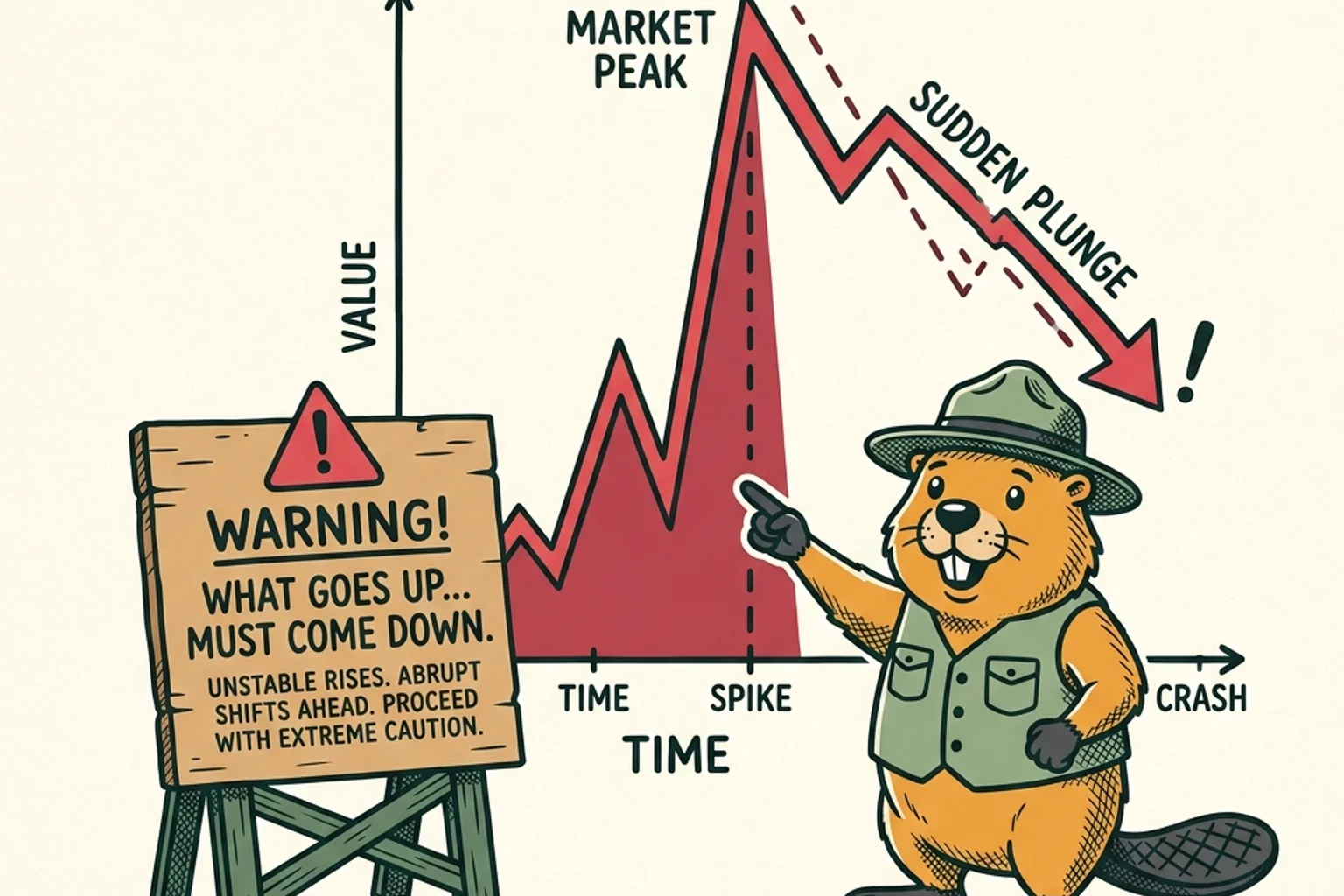 A mascot beaver guide pointing to a steep rocket chart spike that plunges downward next to a warning board