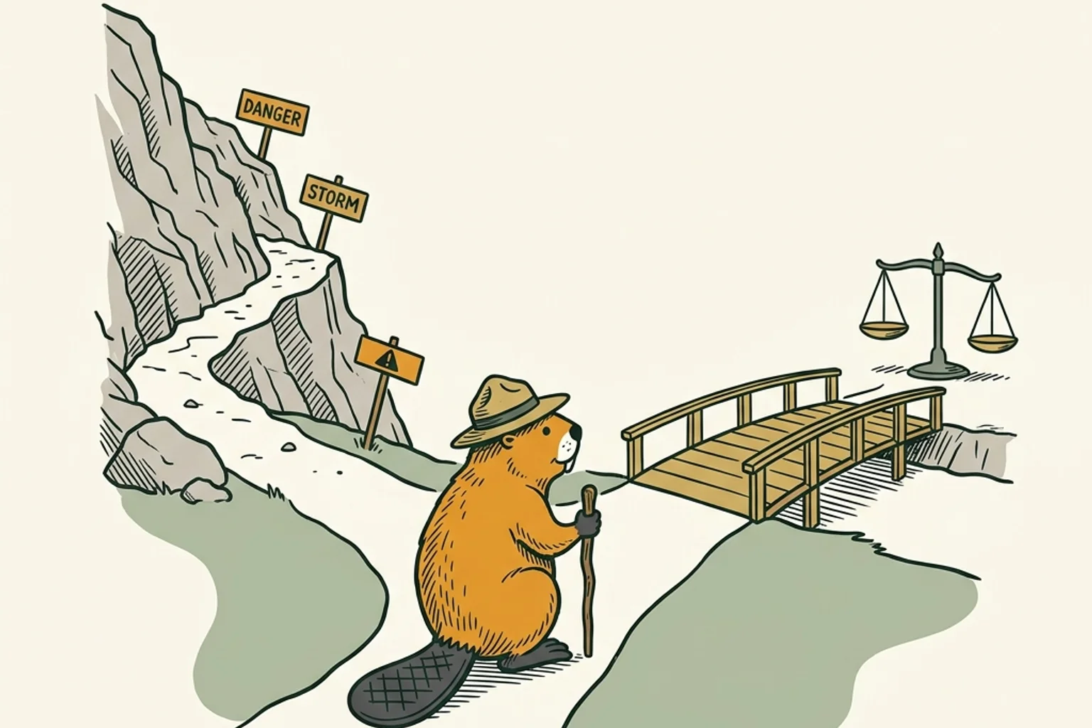 A mascot beaver guide evaluating a choice between a stormy cliff path with danger signs vs a calm bridge to a balance scale