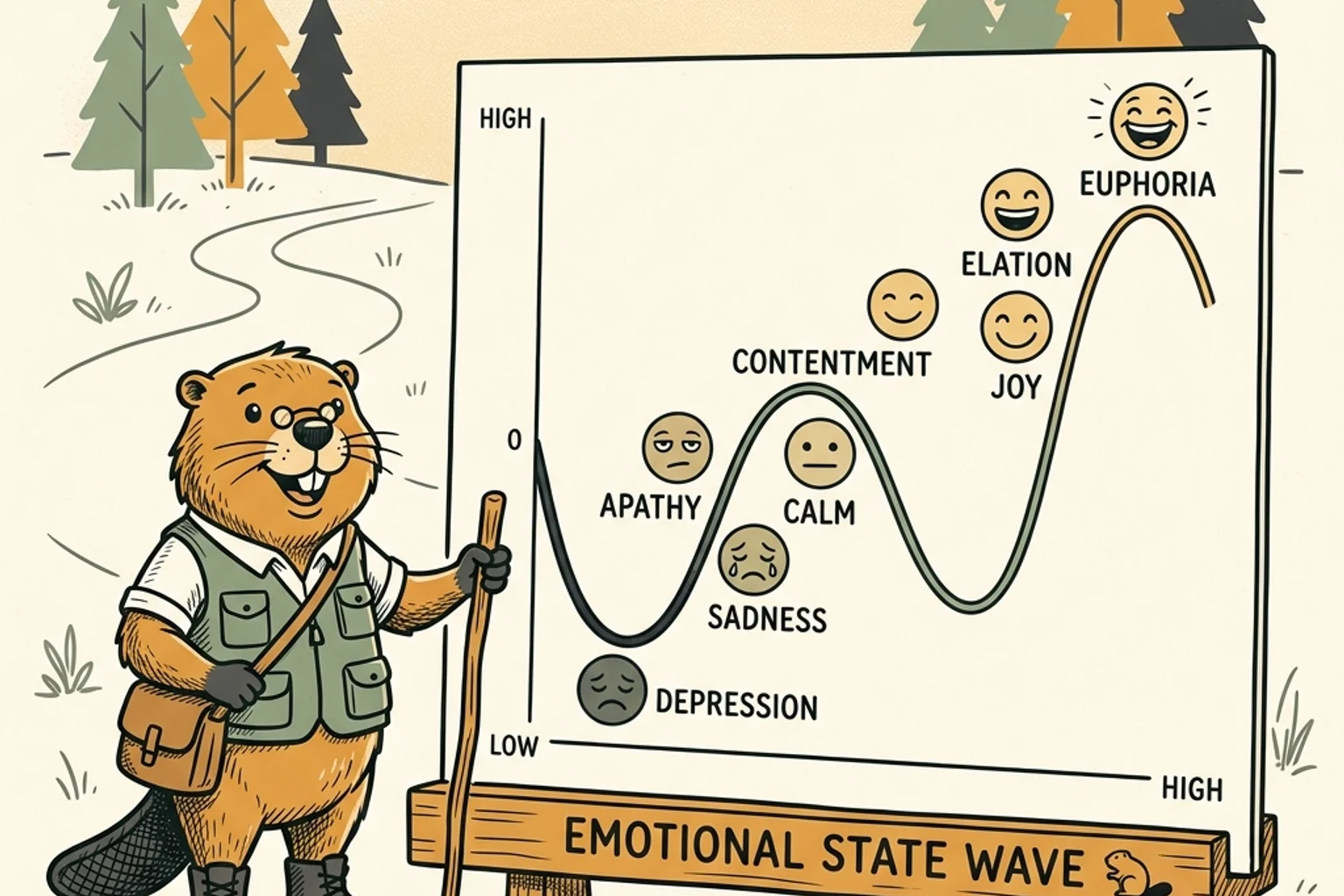 A mascot beaver guide in hiking gear standing beside a board depicting the emotional state wave from depression to euphoria