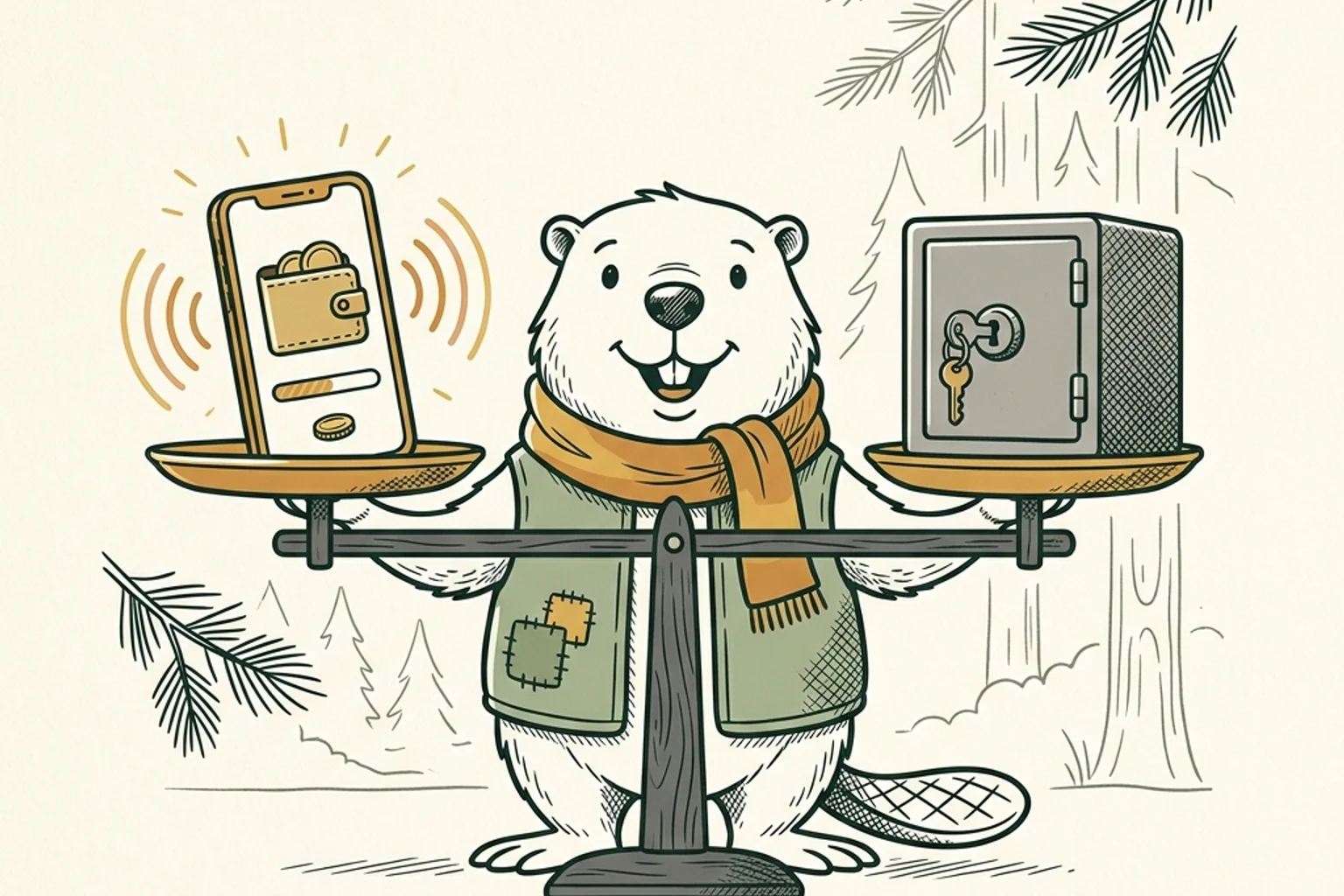 A mascot beaver guide holding a balance scale comparing a smartphone app wallet against a physical hardware safe vault