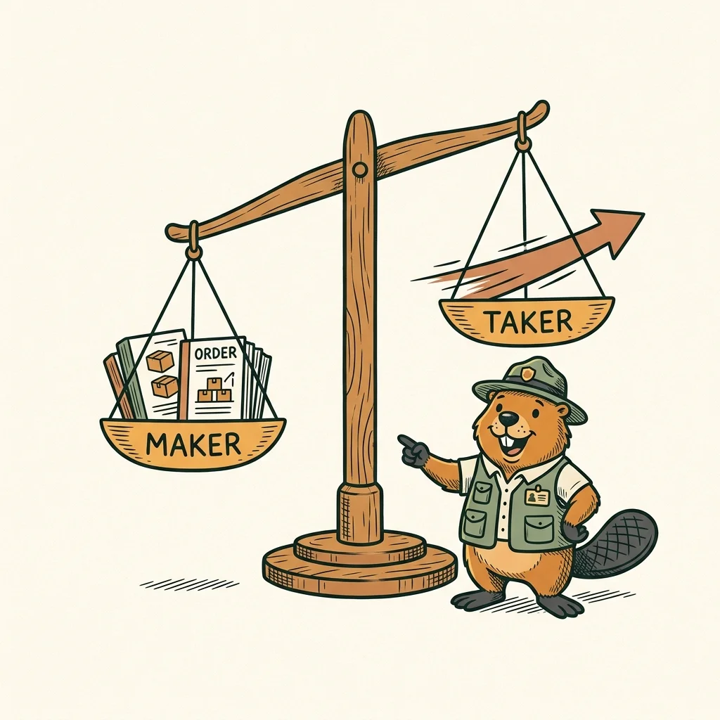 A mascot beaver guide standing beside a balance scale weighing a maker order book against a taker market order arrow
