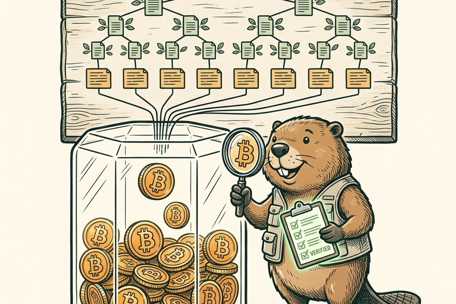 A mascot beaver guide inspecting a transparent glass coin vault connected to a branching Merkle tree board