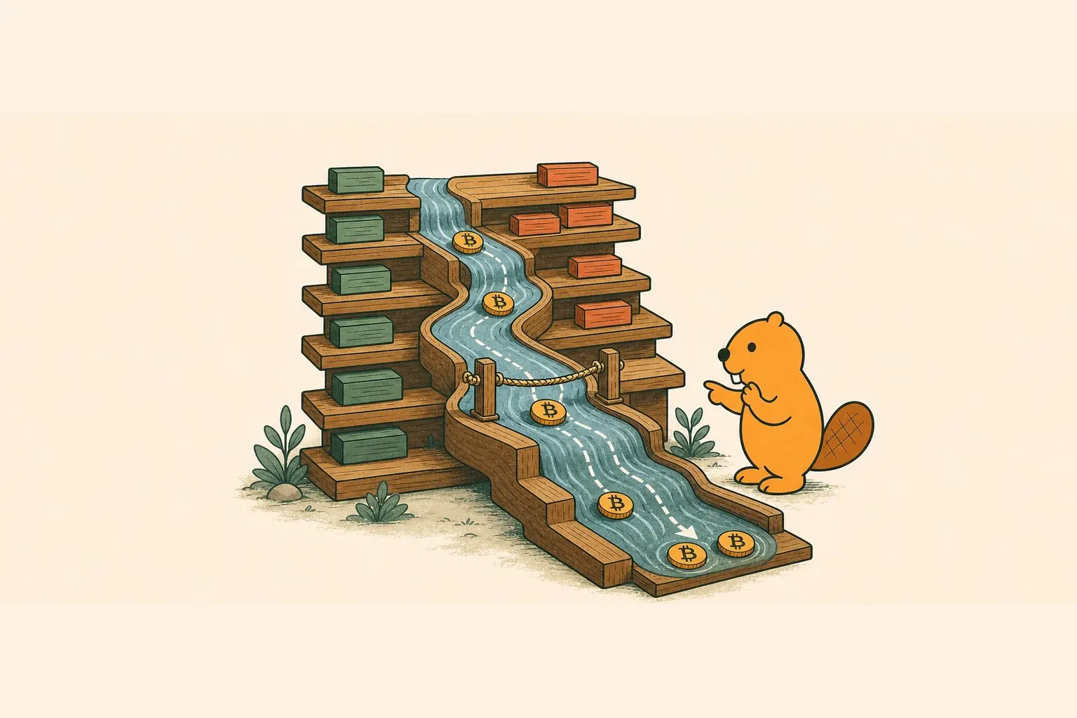A mascot beaver guide standing near a mountain river chute where coins slide along a winding path to illustrate slippage