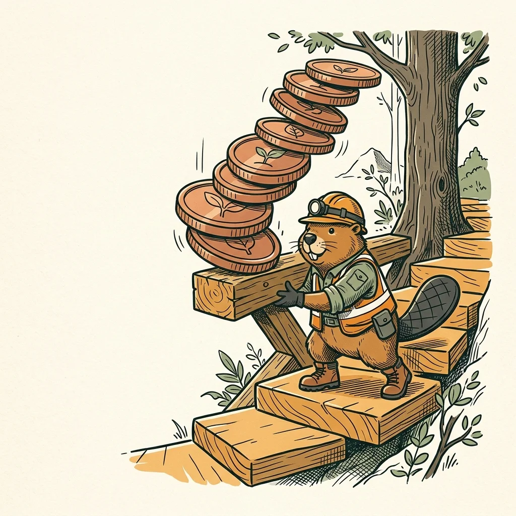 A mascot beaver guide in safety gear placing a strong wooden buffer beam below a falling coin step to act as a safety net